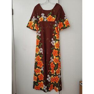 Vintage Ui Maikai Brown Orange Hibiscus Floral Print Hawaiian Maxi Dress 14 Luau